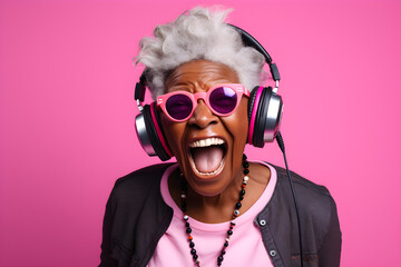 studio portrait of happy black senior gamer woman wearing headphones isolated on pink background