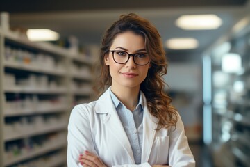 Fototapeta premium Portrait of a charming young Caucasian female pharmacist wearing glasses among shelves of medicines in a pharmacy. Experienced confident professional in the workplace. Healthcare and hygiene concept.