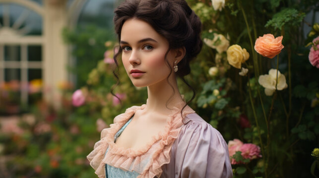 Portrait of cute young pretty woman dressed in old style, outdoors against flowers