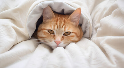 Orange and white cat snuggled under a grey blanket, peacefully resting on a bed. - obrazy, fototapety, plakaty