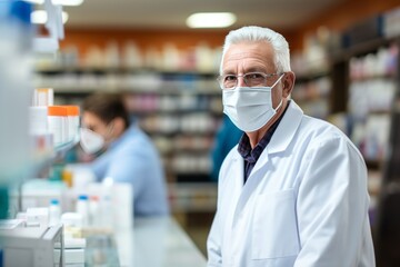 Mature Caucasian male pharmacist wearing glasses and protective mask consulting customers at the counter in pharmacy. Experienced confident professional in workplace. Healthcare and hygiene concept.