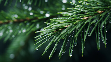 Close up view of a spruce branch with drops after rain