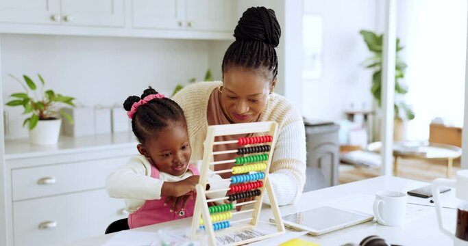 Love, education and math with black family in kitchen for homework, learning and creative. Child development, school and support with mother and girl at home for teaching, knowledge and studying