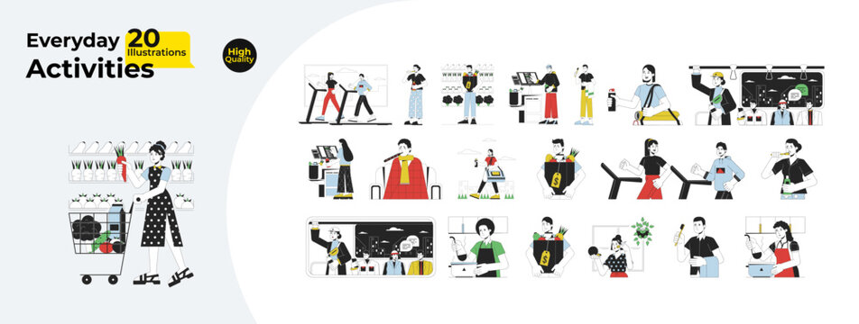 Daily life activities line cartoon flat illustration bundle. Caucasian, asian people routine lifestyle 2D lineart characters isolated on white background. Everyday tasks vector color image collection