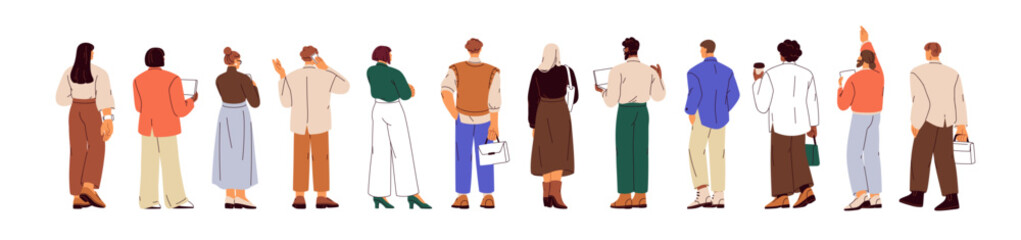 Business people set, rear back view. Professional men and women from behind, backside. Office workers, employees, managers standing, backview. Flat vector illustrations isolated on white background