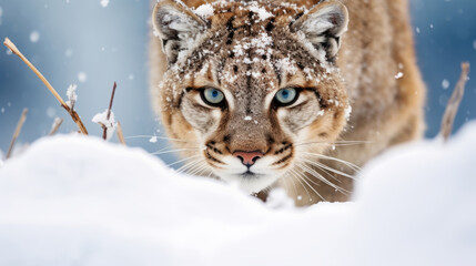 Fototapeta premium Close up view of puma that is stalking in snow
