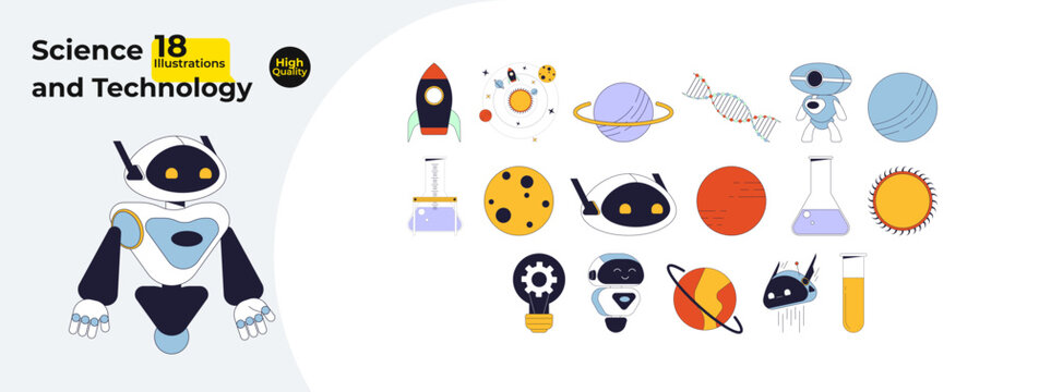 Science technology engineering 2D linear cartoon objects bundle. Rocket, spheres planets, lab equipment isolated line vector elements white background. Robots color flat spot illustration collection