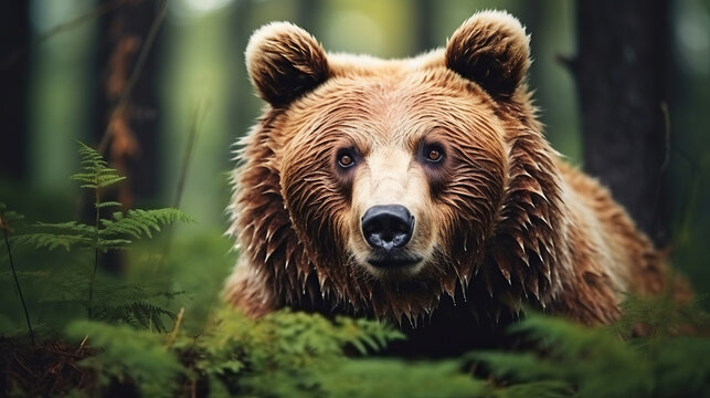Close up portrait of a bear in the forest