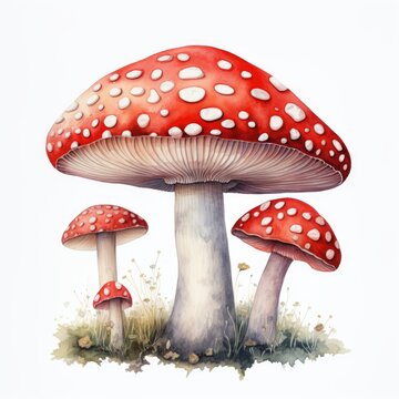Watercolor red agaric with grass on white