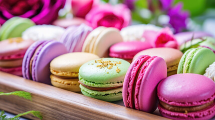 Fototapeta na wymiar Tray of colorful macaroons. French dessert, crispy macaron cookies, spring flowers. 