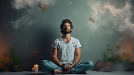 Collage photo of calm peaceful man that is sitting and relaxing against wall and with smoke - obrazy, fototapety, plakaty