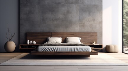 Flat white wall with grey wood bed frame.