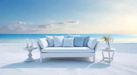 Fototapeta na wymiar Furniture and beach luxury home with sky-blue, tranquil gardenscapes, poolcore.