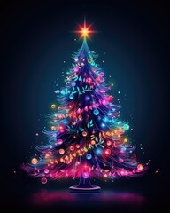 Colorful neon Christmas tree on dark background. Multicolored Christmas tree as symbol of Happy New Year, Merry Christmas holiday celebration. Neon light decoration. Bright shiny design Xmas tree