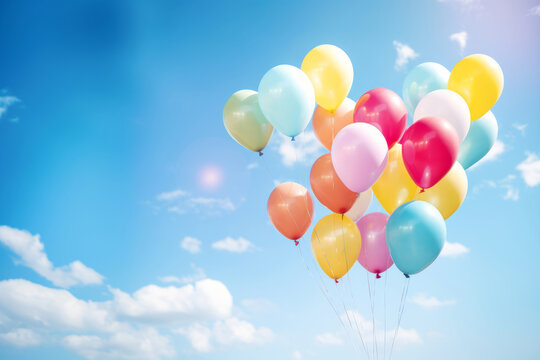 Colorful balloons floating on blue sky, background