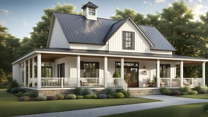 Fototapeta na wymiar A farmhouse-style residence in a rural setting with a large front porch and barn-style doors