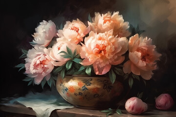 Bouquet of peonies in a vase on a wooden table, still life, watercolor painting
