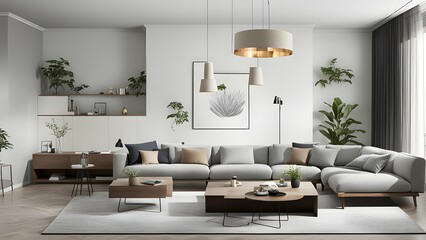 A mood board for a modern and minimalist living room. White walls and sofas and clean lines and simple furniture.