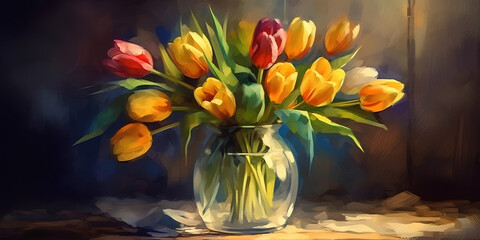 Bouquet of tulips in a glass vase on a table, still life, watercolor painting - obrazy, fototapety, plakaty