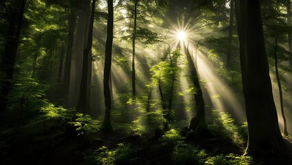 A dense forest scene, focusing on the interplay of shadows and sunlight filtering through the canopy.