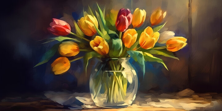 Bouquet of tulips in a glass vase on a table, still life, watercolor painting