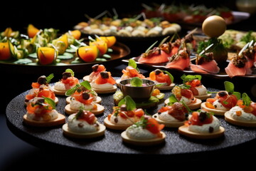 buffet food, catering food party at restaurant, mini canapes, snacks and appetizers