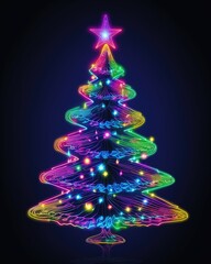 Colorful neon Christmas tree on dark background. Multicolored Christmas tree as symbol of Happy New Year, Merry Christmas holiday celebration. Neon light decoration. Bright shiny design Xmas tree