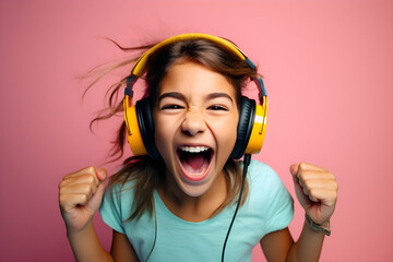 studio portrait of happy young gamer girl wearing headphones celebrating on pink background
 - obrazy, fototapety, plakaty