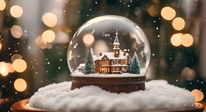 winter wonderland with little town and Christmas tree inside a snow globe , snowing, festive.