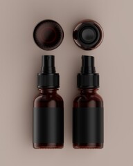 The row of plain amber packaging spray bottles of skincare products with beige background in flat lay position viewed from top for mockup. 3D Rendering