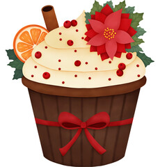 Christmas cupcake with poinesettia, orange, cinnamon and red berry transparent background png. Watercolor Illustration. 