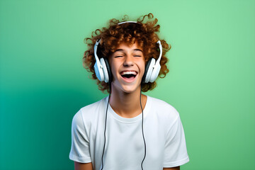 studio portrait of happy gamer boy wearing headphones celebrating on green background

