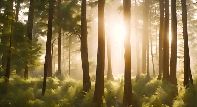The morning sun shines very beautifully shining on the dense forest