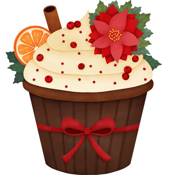 Christmas cupcake with poinesettia, orange, cinnamon and red berry transparent background png. Watercolor Illustration. 