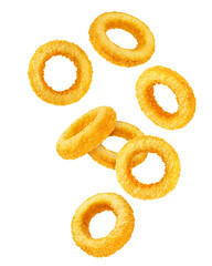 Falling fried Onion ring, isolated on white background, full depth of field