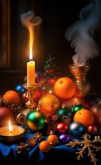 Still life with colorful candles and Christmas toys. .AI
