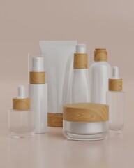 The plain white and wood packaging of a series of skincare products with beige background viewed from front for mockup, consisting of a pump bottle, spray, tube, and pot or jar. 3D Rendering