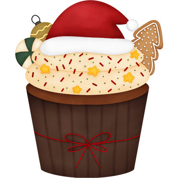 Christmas cupcake with Santa hat, gingerbread cookie, candy and sprinkles transparent background png. Watercolor Illustration. 