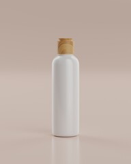 The plain white and wood packaging fliptop bottle of a skincare product with beige background viewed from front for mockup. 3D Rendering