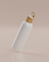 The plain white and wood packaging fliptop bottle of a skincare product with beige background in flying position viewed from front for mockup. 3D Rendering