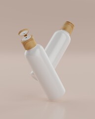 The two plain white and wood packaging fliptop bottles of skincare products with beige background in flying position viewed from front for mockup. 3D Rendering