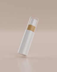 The plain white and wood packaging spray bottle of a skincare product with beige background in flying position viewed from front for mockup. 3D Rendering