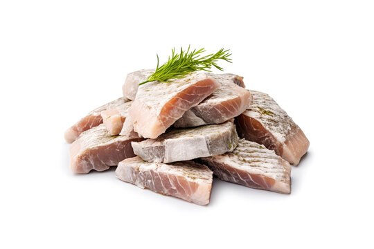 Salted Herring Fillet Isolated, Raw Pickled Fish Meat, Marinated Herring on White Background
