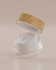 The plain white and wood packaging pot or jar of a skincare product with beige background in flying position viewed from front for mockup. 3D Rendering