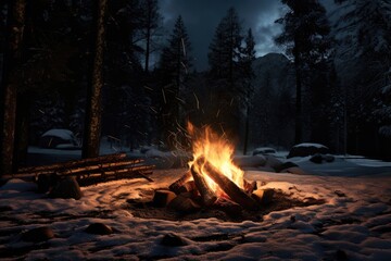 Bonfire In Snowy Forest At Night