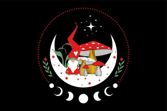 Magic Gnome in the mystical woods of mushrooms on crescent moon and stars. Christmas concept symbol, witchy esoteric fungus and moon phases. Magical Garden troll fairy tale character. Vector isolated