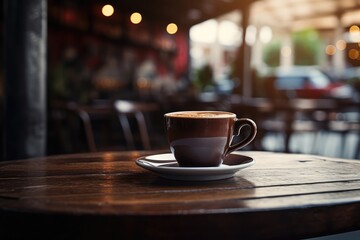 Obraz premium Dark Wood Table In Cafe, Blurred Background