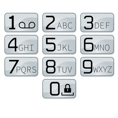 Keyboard of phone with numbers and letters on cell buttons. Vector illustration.