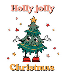 Holly jolly Christmas card. Cute Christmas tree in retro style.
