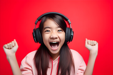 studio portrait of happy young Asian gamer girl wearing headphones celebrating on red background
